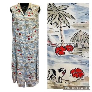 Vintage Big Dogs Dress Tropical Print Button Down Sleeveless Sundress Sz M